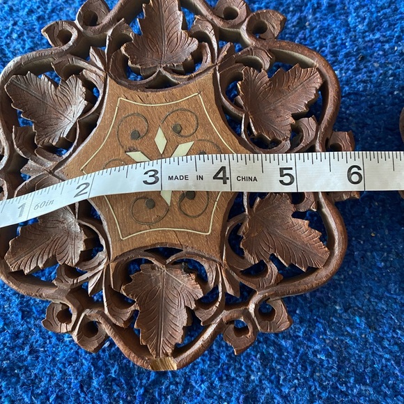 VTG Wooden/Brass I lay Trivet/Pot holder Set of 2! Hand Carved. 6” - Picture 7 of 8